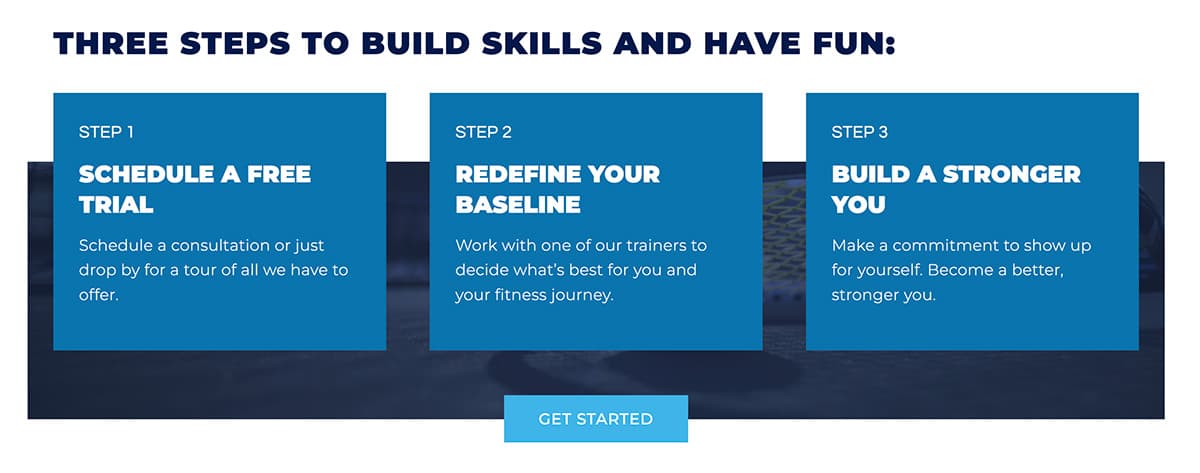 Website section showing three steps: Free trial, set goals, build strength.
