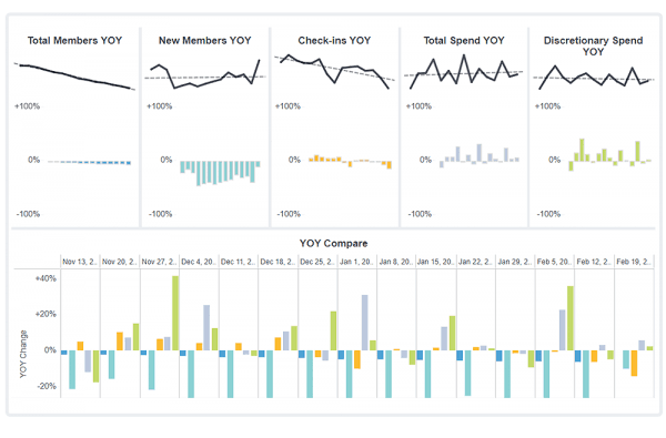 Trend charts including total members year-over-year, new members year-over-year, and more