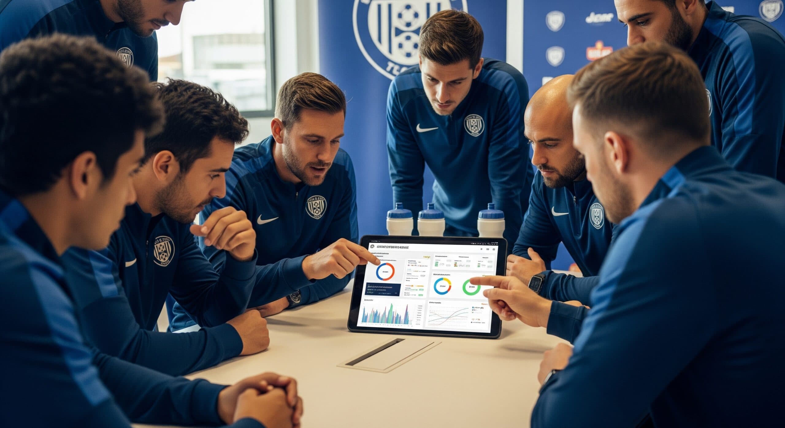 Club team analyzing a performance dashboard on a tablet