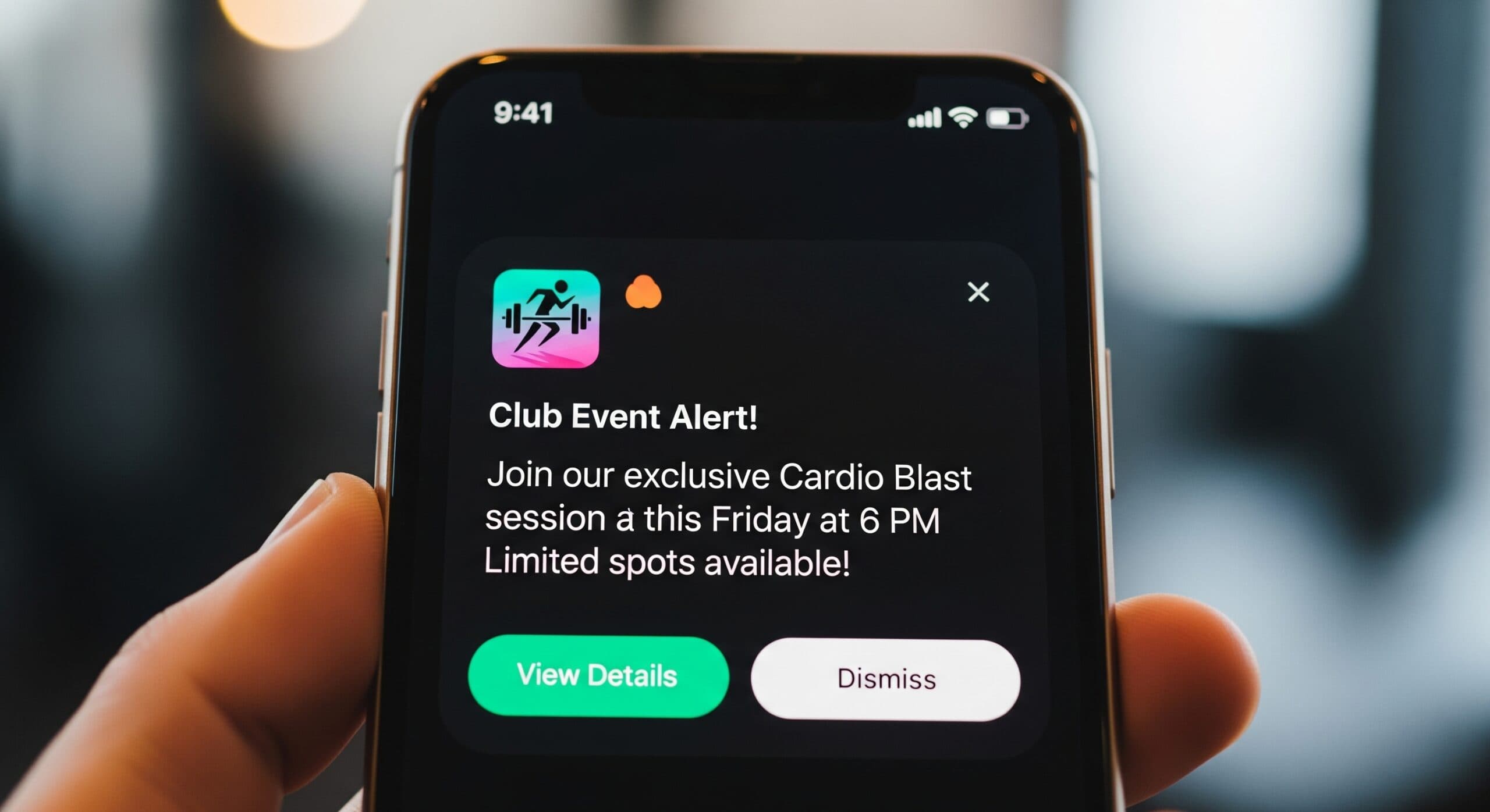 Mobile phone with fitness app push notification about a club event