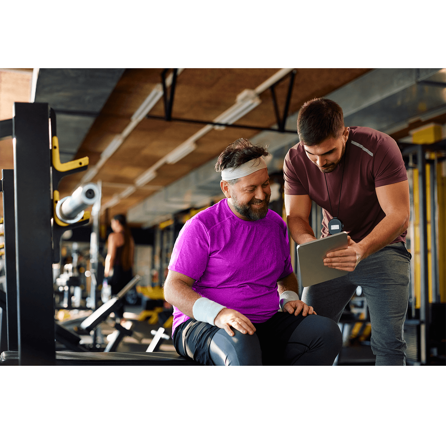 llustration of fitness club member transformation journey combining GLP-1 medication, personal training, and wellness coaching